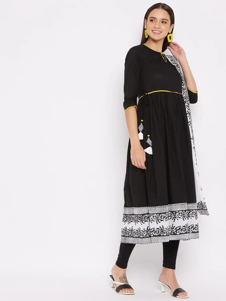 winered-black-flared-kurta-cotton-solid-kurta-and-dupatta-set