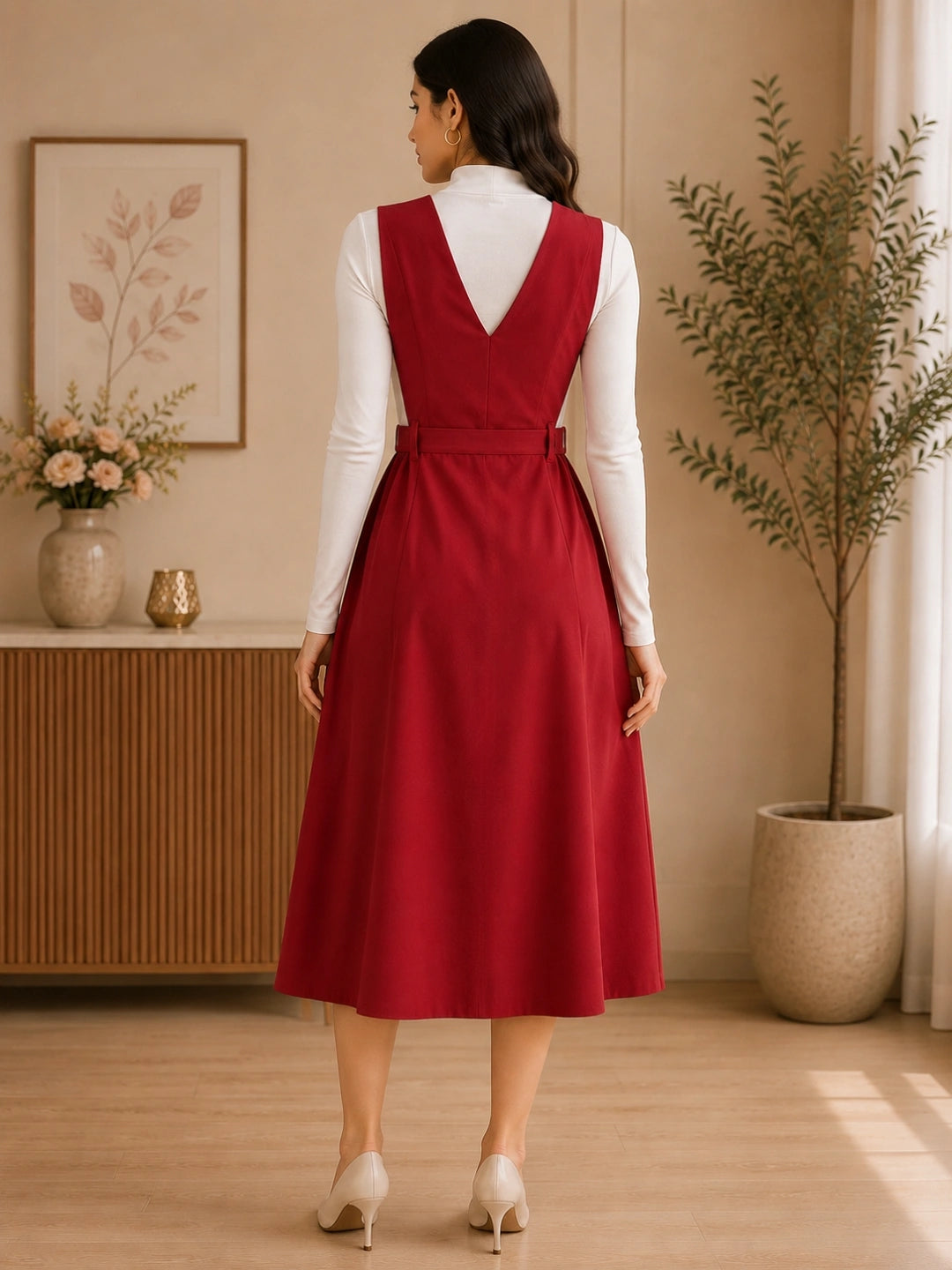 Women Solid Maroon Button-Down Pinafore Dress