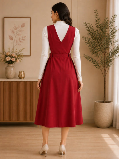 Women Solid Maroon Button-Down Pinafore Dress