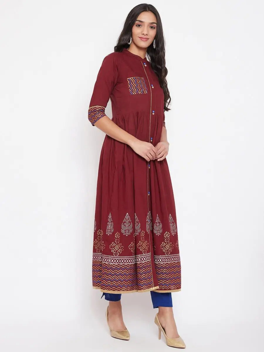 winered-maroon-flared-cotton-printed-kurta