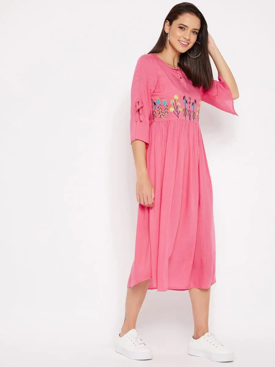 winered-pink-gathered-rayon-embroidered-dress