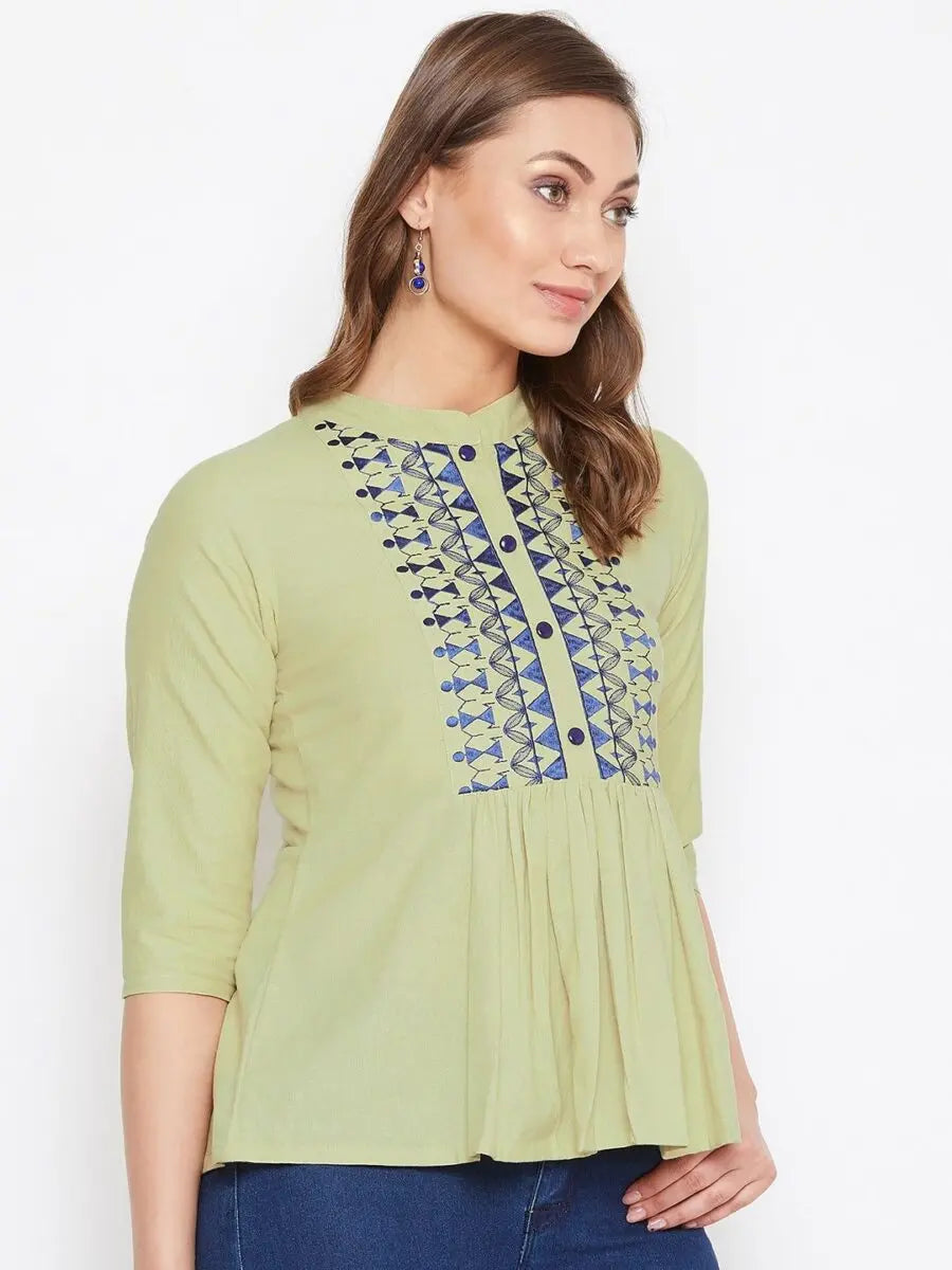 winered-light-green-embroidered-cotton-empire-waist-top