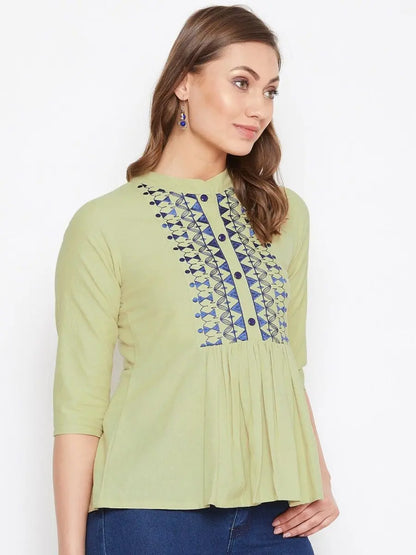winered-light-green-embroidered-cotton-empire-waist-top