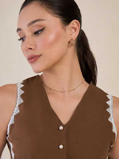 Women Solid Sleeveless V-Neck Lace Detail Waistcoat