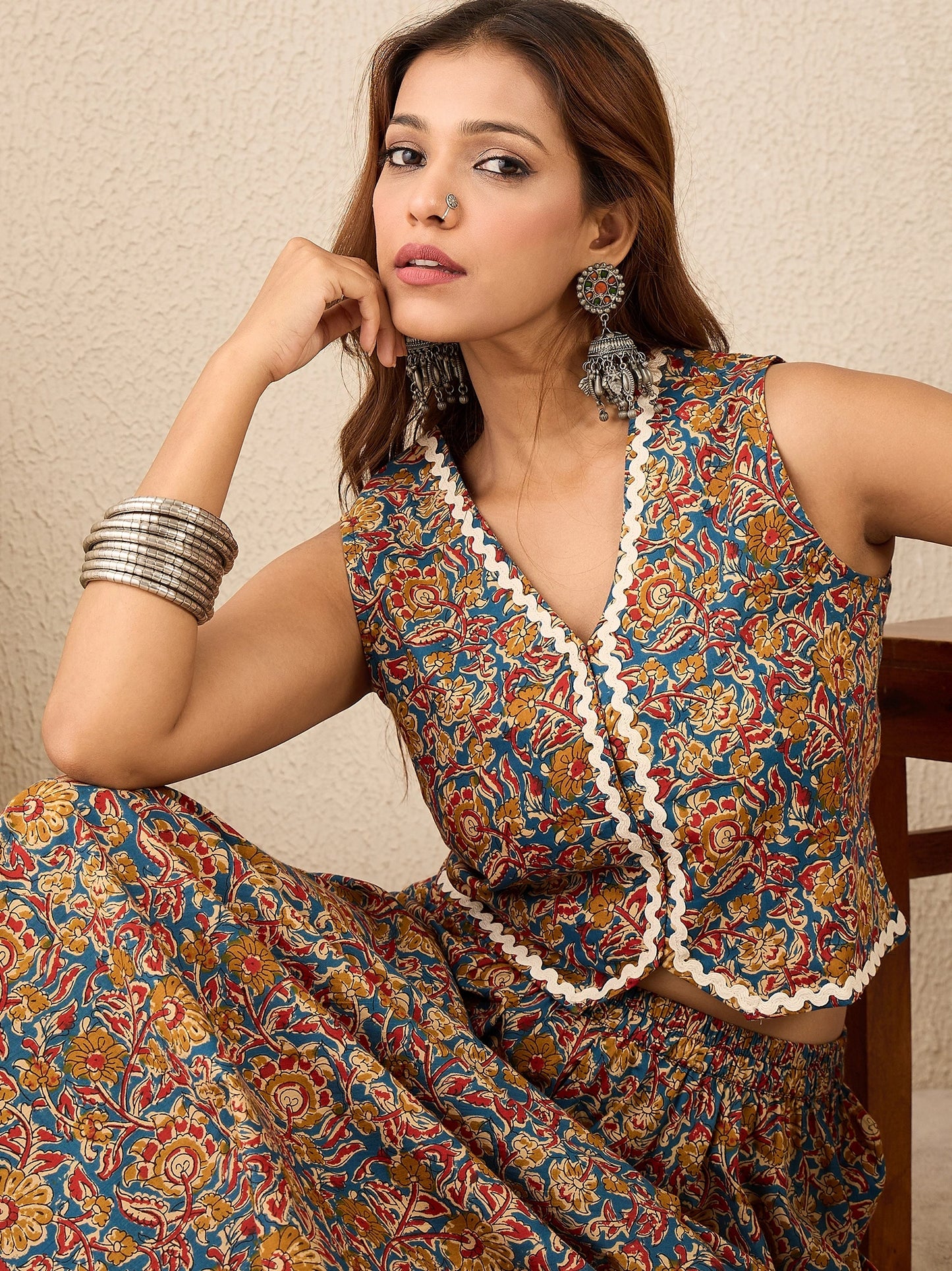 Women Printed Cotton Lace detailing Waistcoat with Skirt Co-ord Set