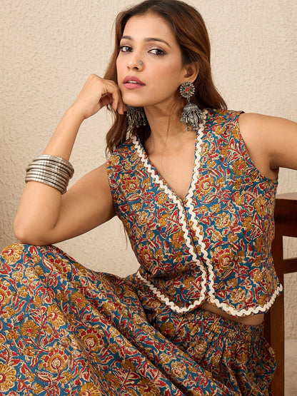 Women Printed Cotton Lace detailing Waistcoat with Skirt Co-ord Set