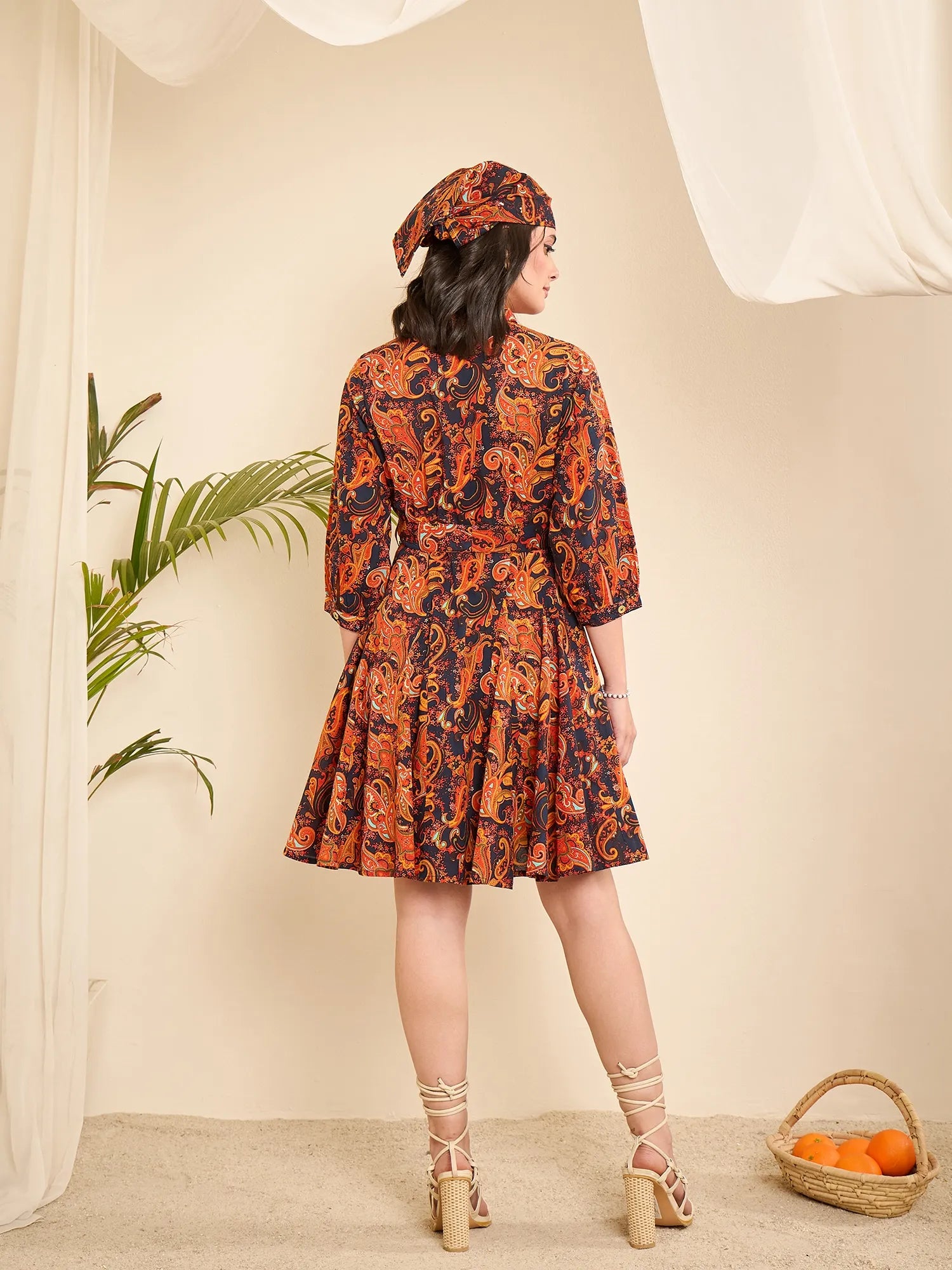 women-navy-blue-cotton-paisely-print-godet-flared-dress
