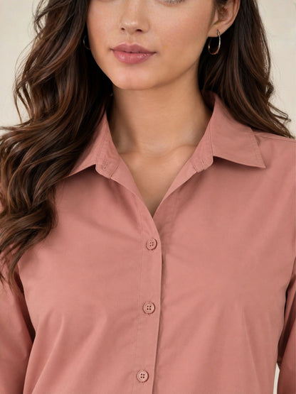 Women's Peach Shirt Dress | Shirt Collared Neck | Button Down Midi Dress with Waist Belt