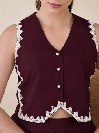 Women Burgundy Vest & Skirt Co-ord Set