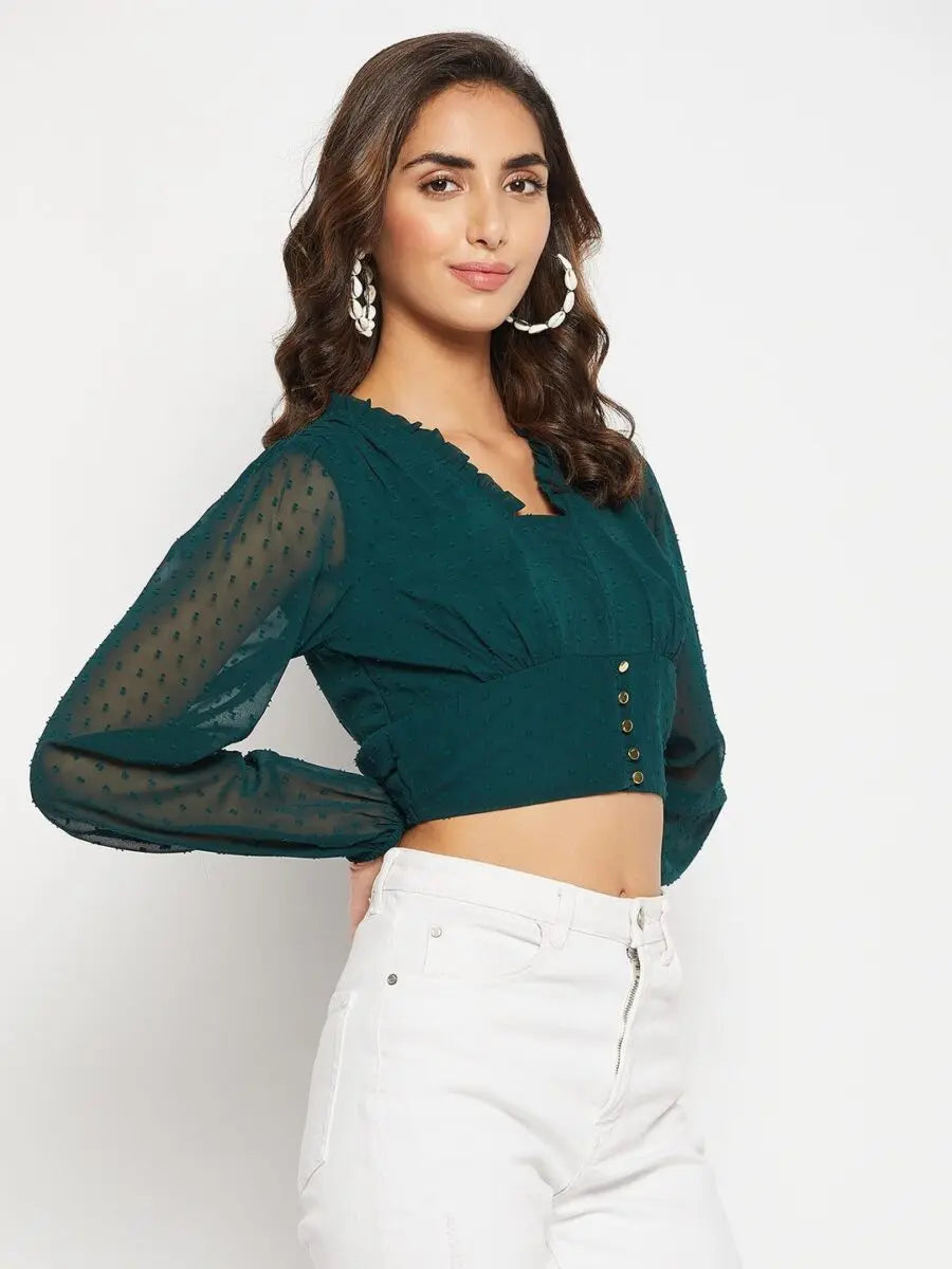 winered-green-cotton-tops-for-women-frill-neck-crop-top