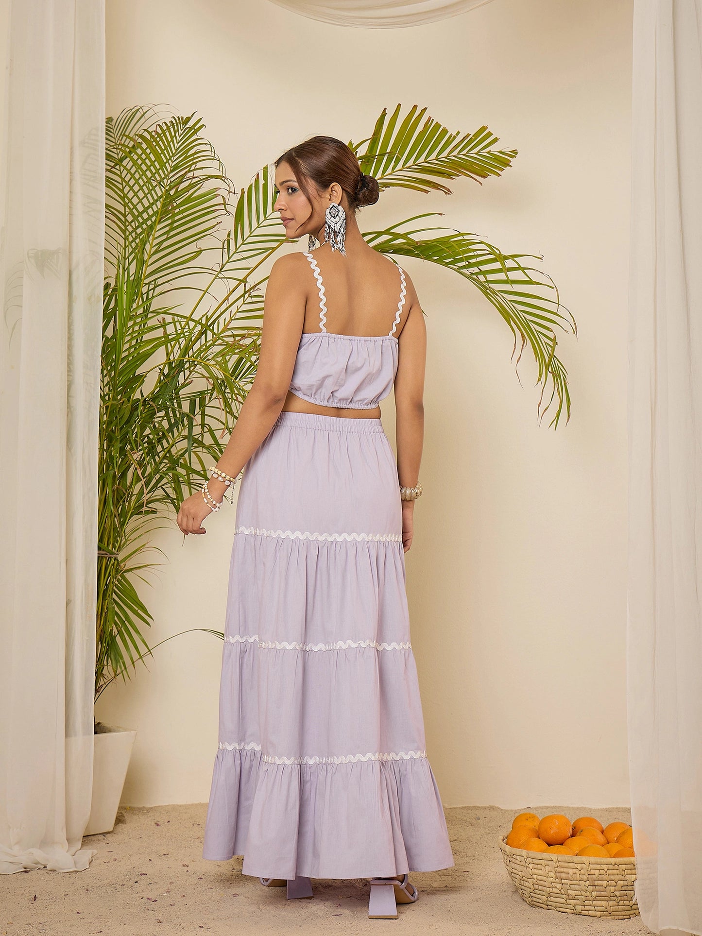 Lavender Cotton Lace Detailing Crop Top with Skirt Co-ord Set