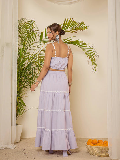 Lavender Cotton Lace Detailing Crop Top with Skirt Co-ord Set