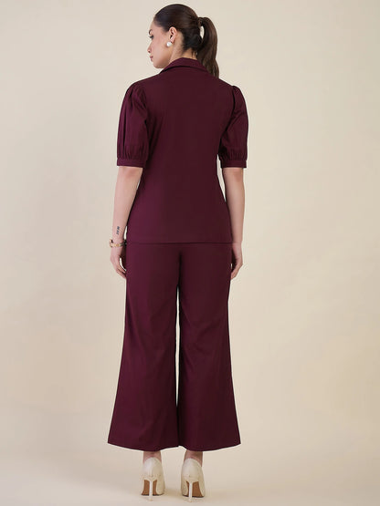 Women Burgundy Puff Sleeves Co-ord Set