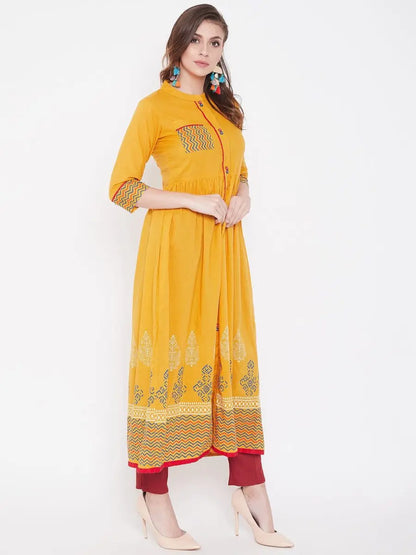 winered-yellow-flared-cotton-block-printed-kurta