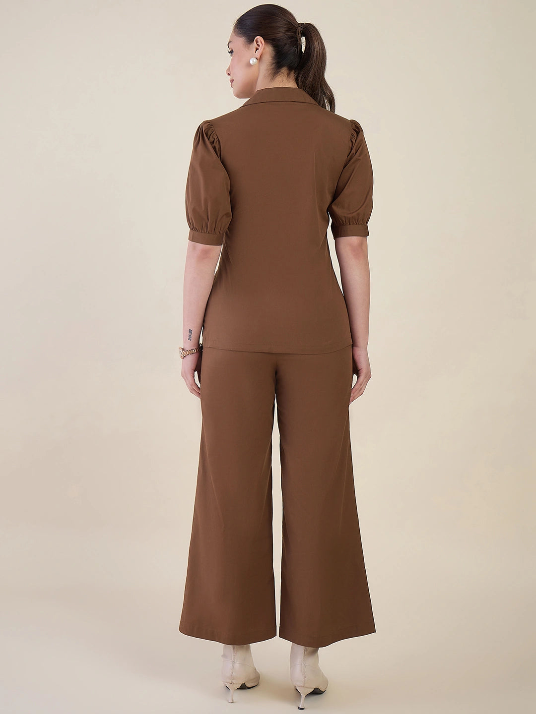 Women Brown Puff Sleeves Co-ord Set
