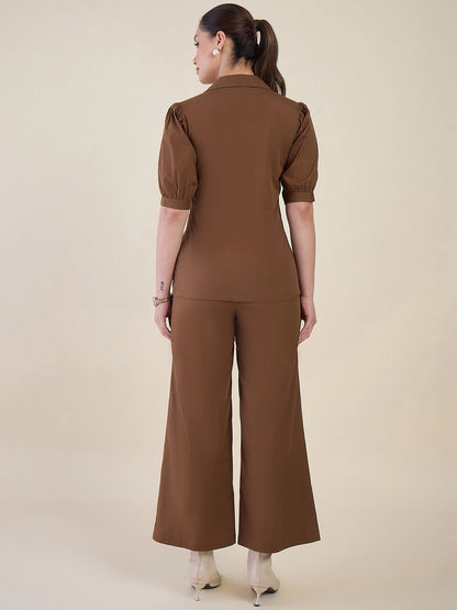 Women Brown Puff Sleeves Co-ord Set