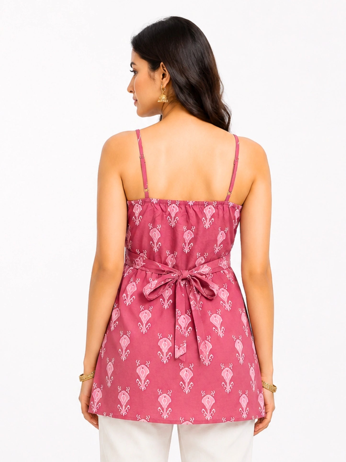 WineRed Women's Pink Printed Cotton Halter Neck Corset Style Sleeveless Casual Short Kurti