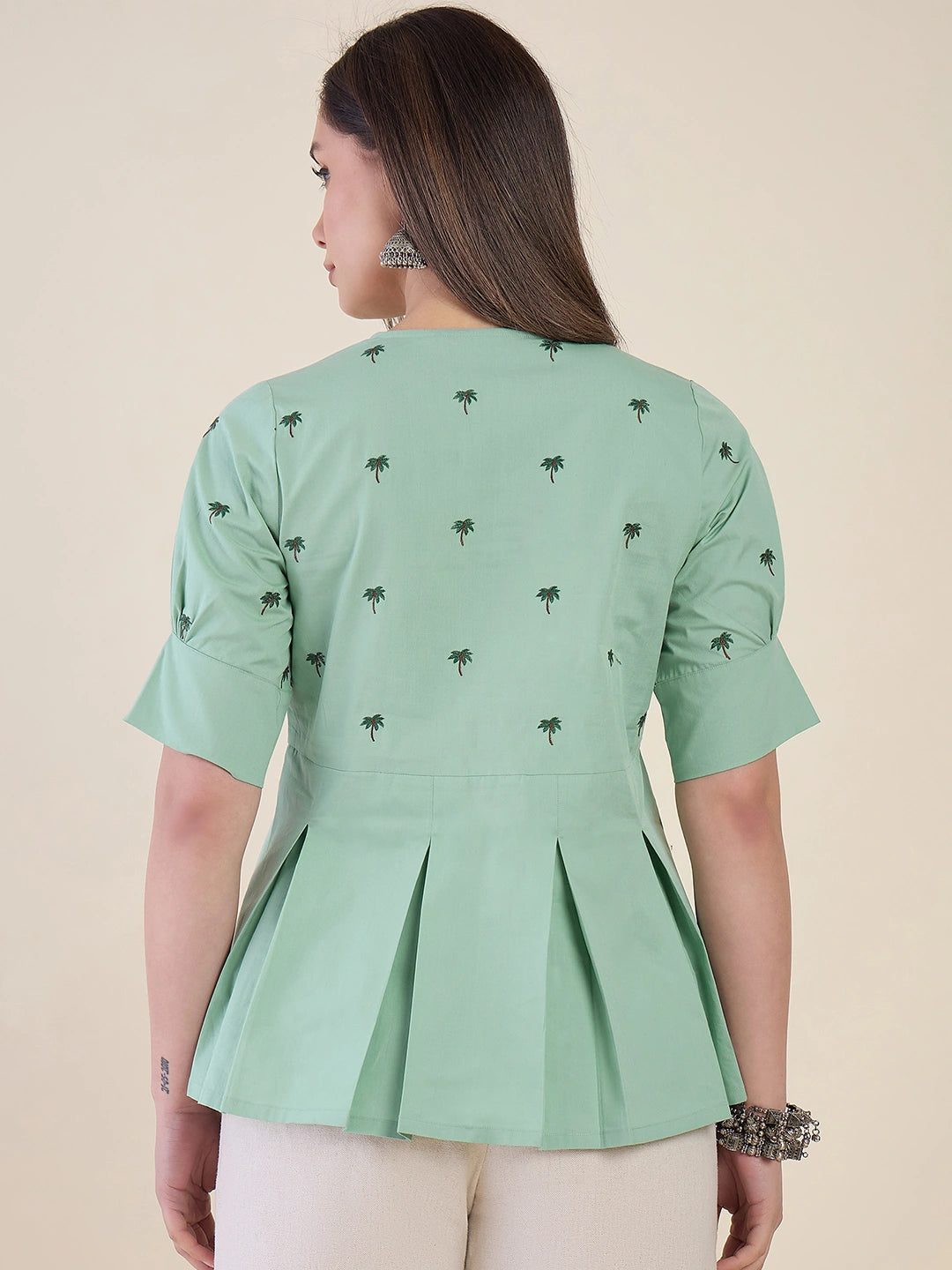 Women Mint Green Embroidered Peplum Top