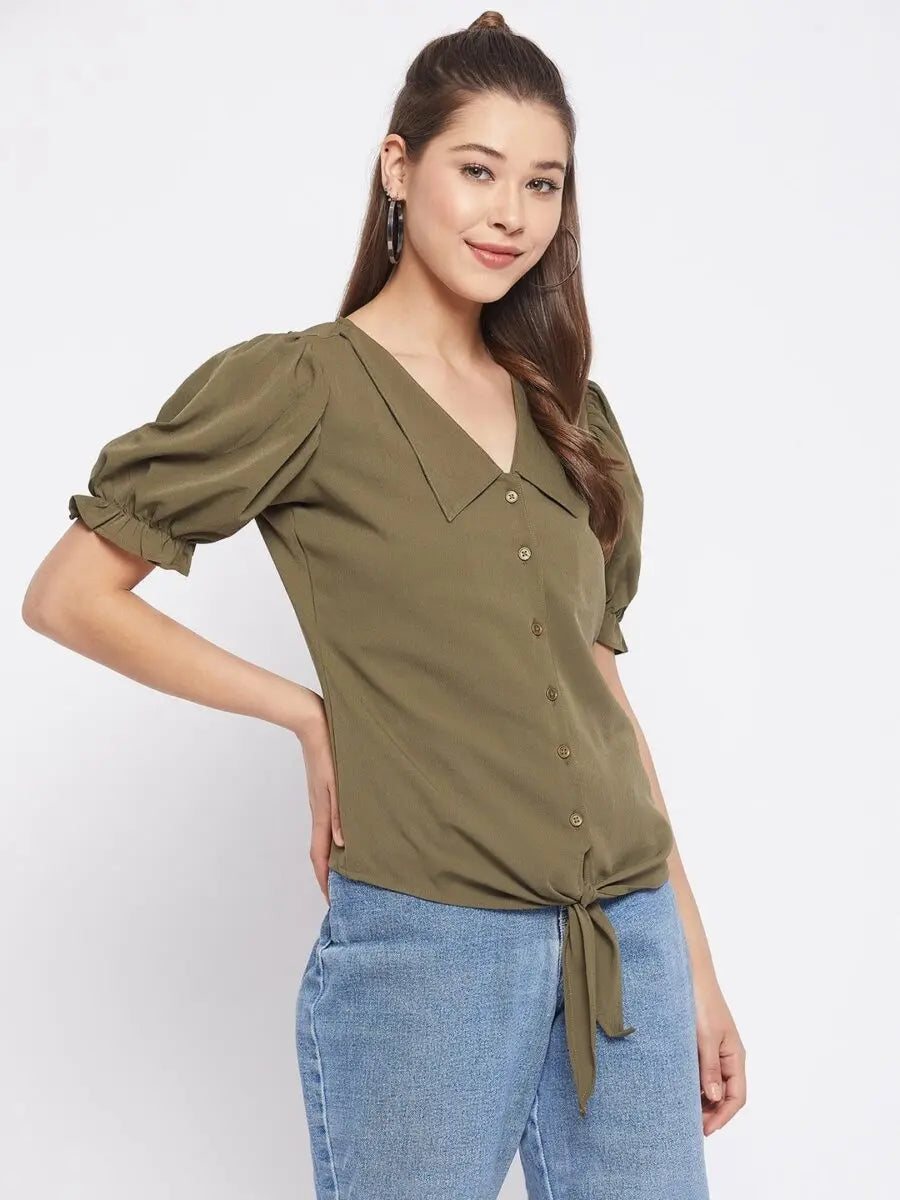 winered-dark-green-solid-polyester-shirt-style-top