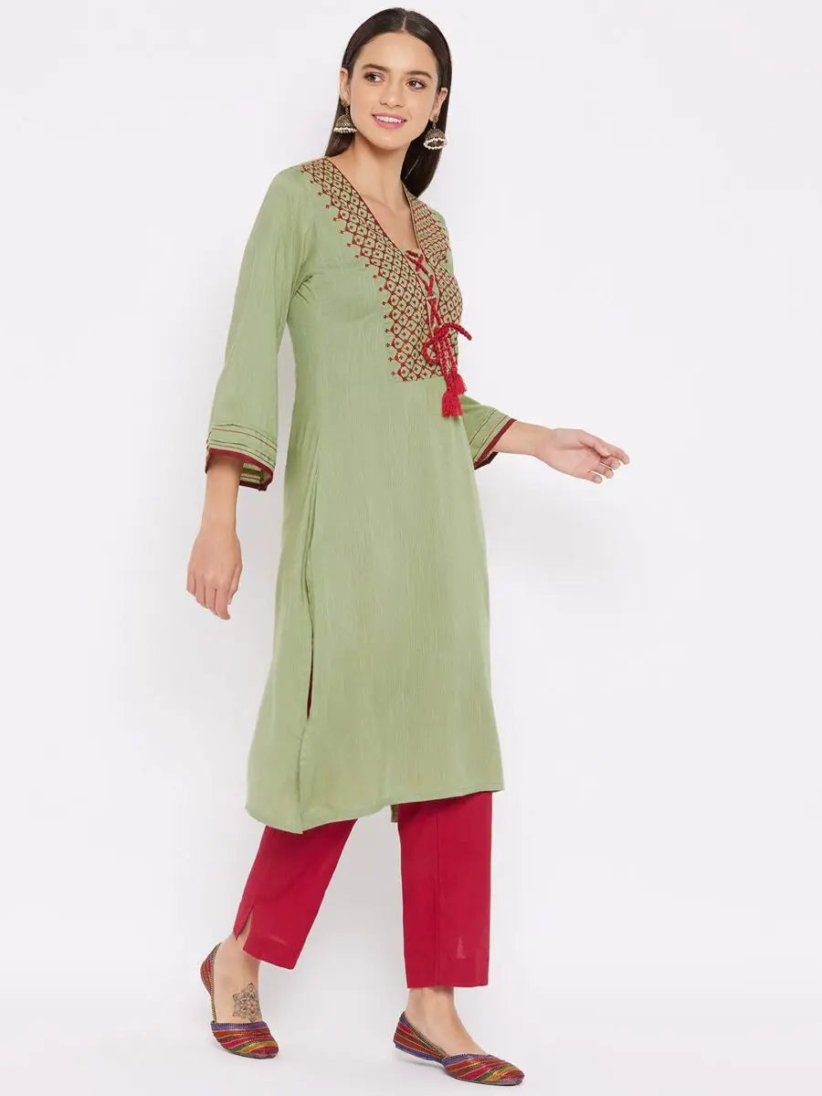 winered-green-a-line-rayon-embroidered-kurta