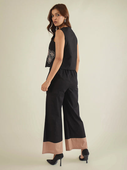 Black cotton embroidered waistcoat with color-blocked co-ord set