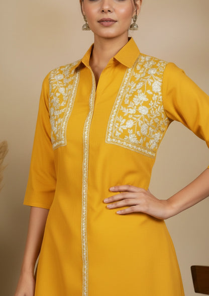 Women Yellow Embroidered Tunic with Harem Salwar Coord Set