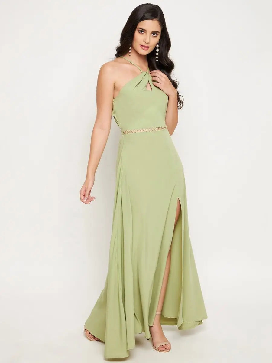 winered-light-green-long-dress-with-lace-at-waist-dress