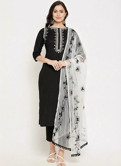 Women's Black Embroidered Cotton Kurta Set with Dupatta