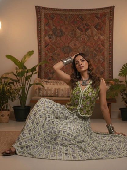 Women White Ethnic Printed Cotton Maxi Skirt