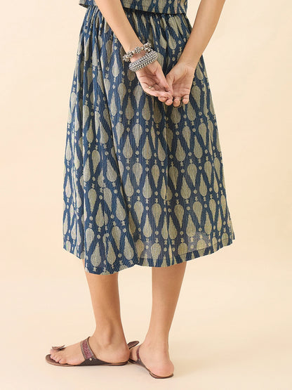 Women's Blue Ikat Printed Flared Midi Skirt with Elasticated Waistband