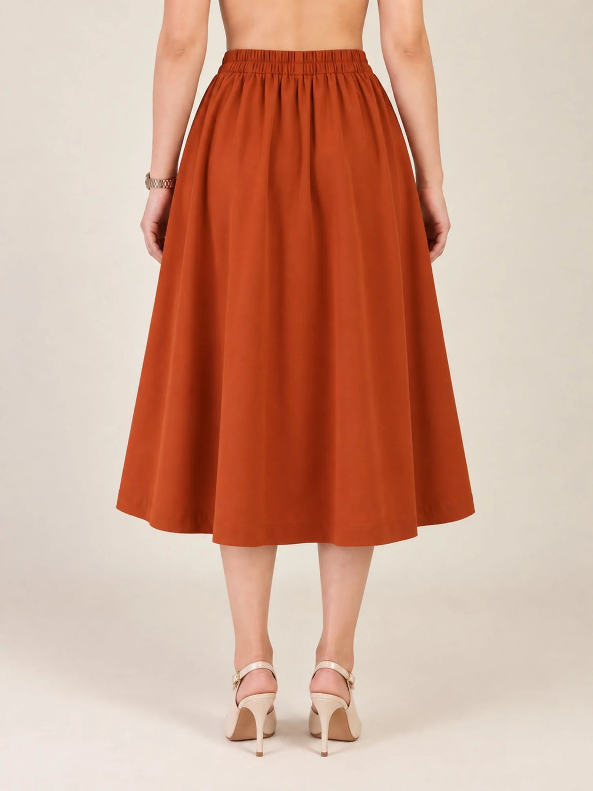 Women Solid Pleated Midi Skirt