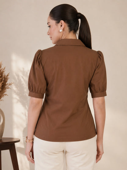 Women's Brown Solid Shirt Collar Puff Sleeve Button Front Regular Fit Casual Office Wear Top for Women