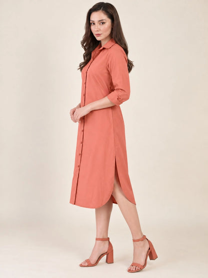 Women's Peach Shirt Dress | Shirt Collared Neck | Button Down Midi Dress with Waist Belt
