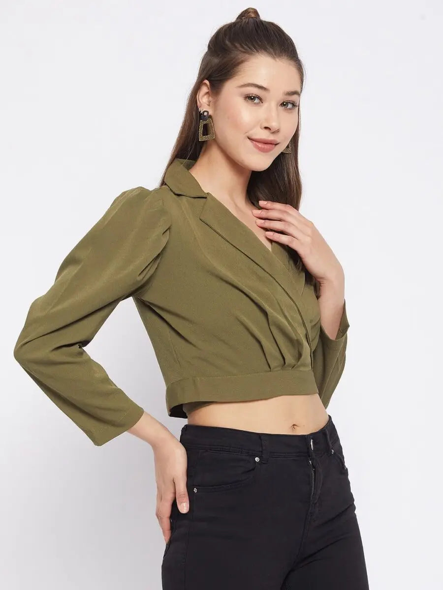 winered-dark-green-solid-polyester-crop-top