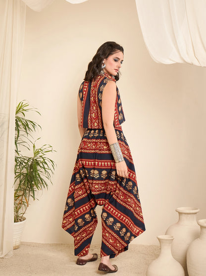 Women Bordered Crop Shirt and Harem Pant Co-Ord Set