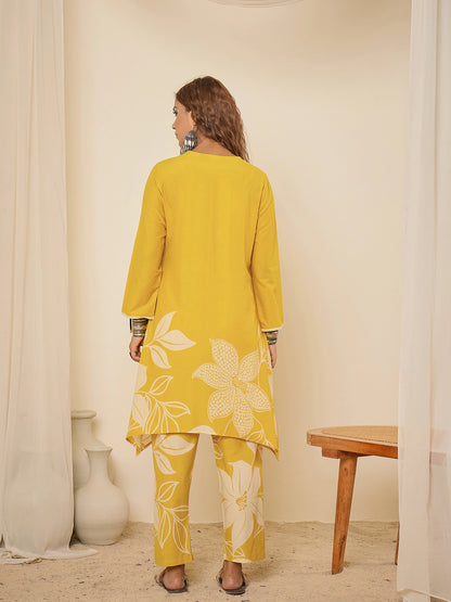 women-cotton-yellow-floral-print-asymmetric-tunic-co-ord-set