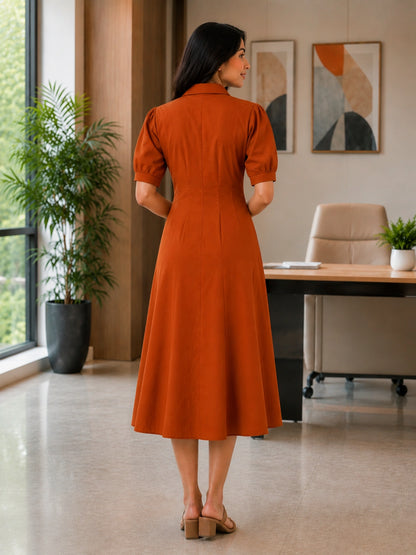 WineRed Women's Solid Puff Sleeve Midi Dress