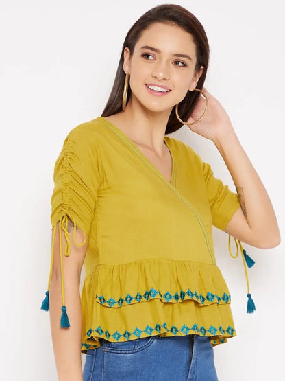 winered-yellow-a-line-rayon-embroidered-top