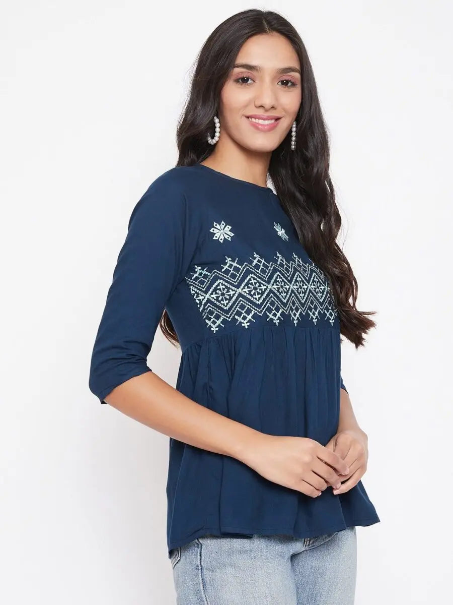 winered-navy-blue-embroidered-rayon-empire-waist-top