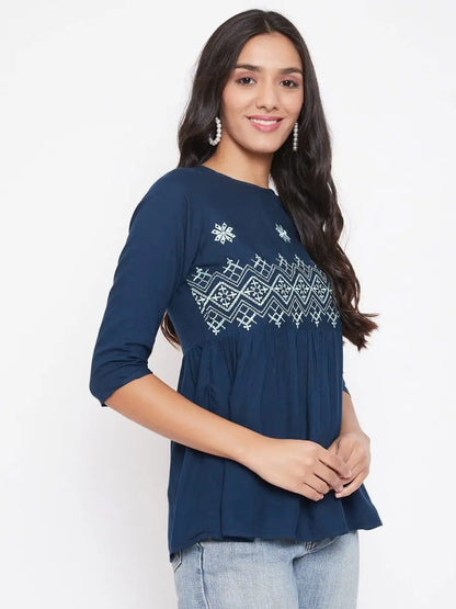 winered-navy-blue-embroidered-rayon-empire-waist-top