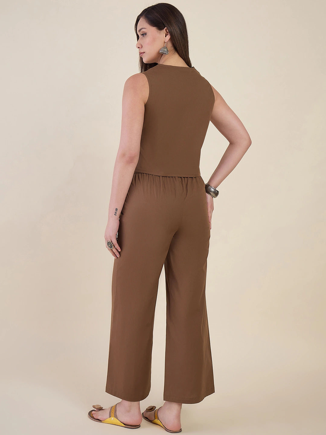 Women Brown Sleeveless Vest Top with Pants Co-ord Set