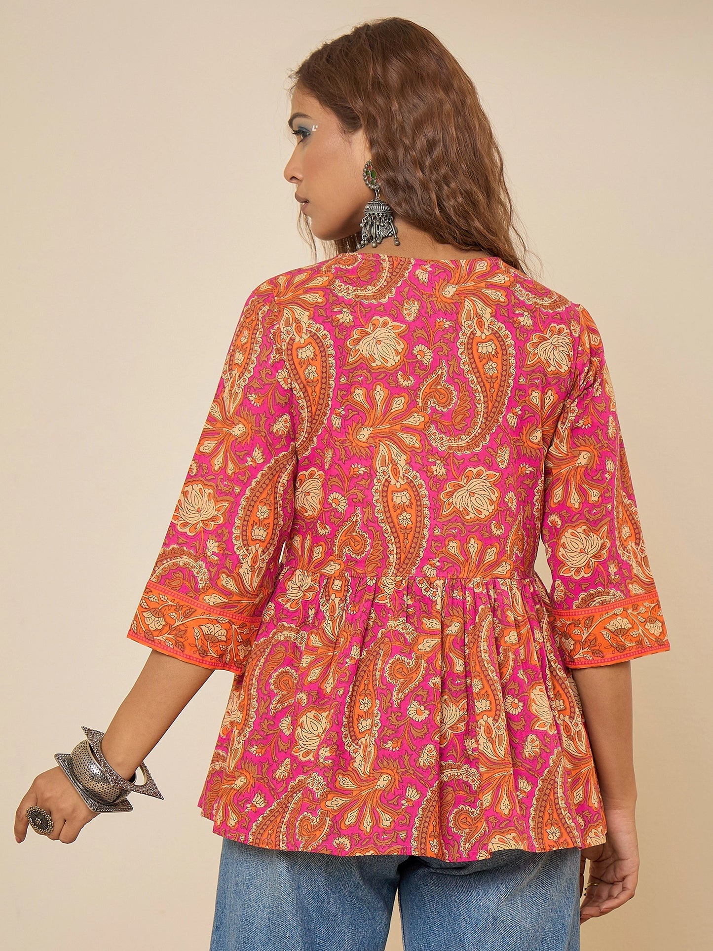 Women Cotton Pink Printed Bodered Peplum Top