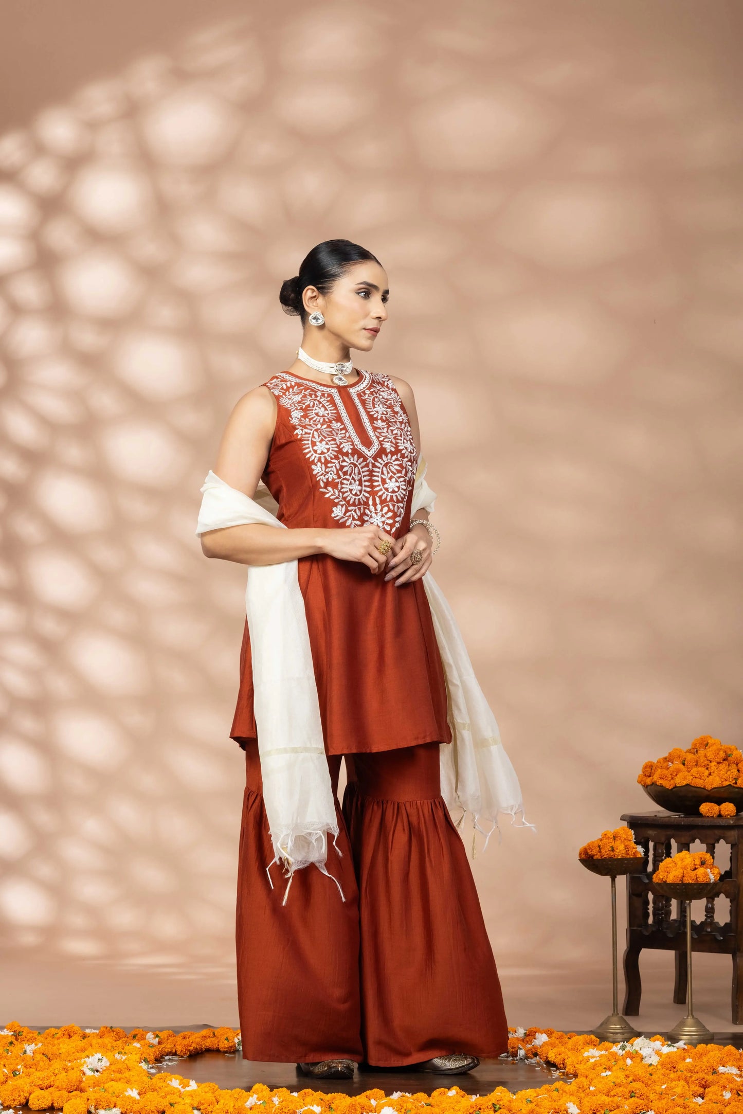 Women Rust Flared Kurta, Sharara and Dupatta Set