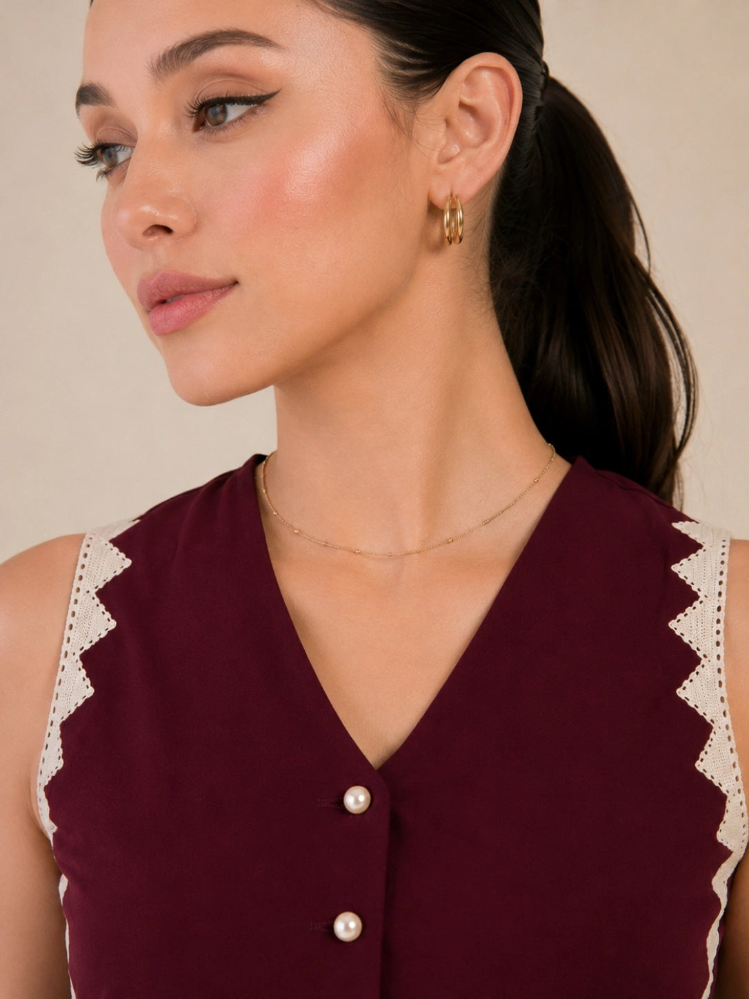 Women Solid Sleeveless V-Neck Lace Detail Waistcoat