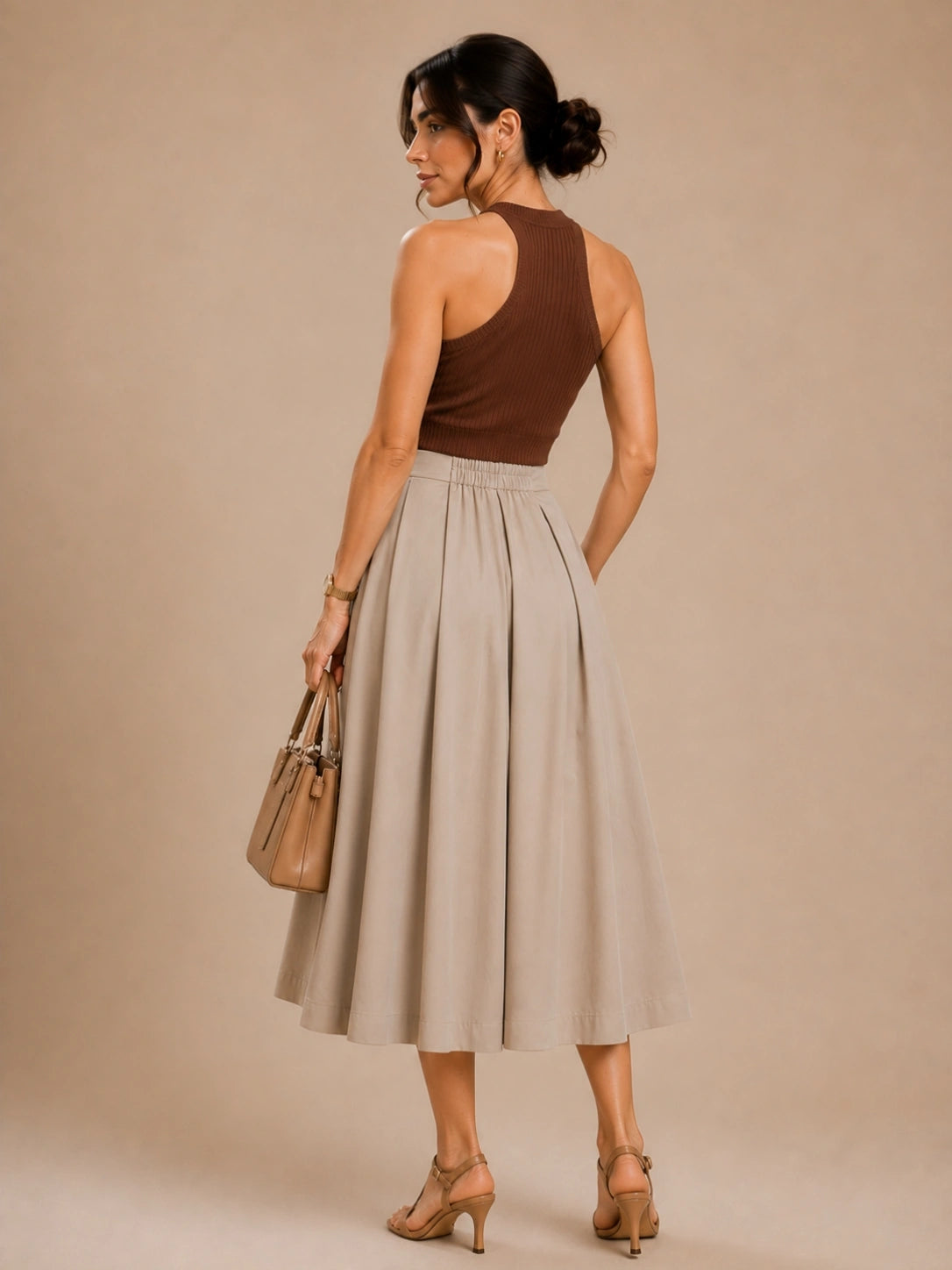 Women Beige Solid Pleated Flared Midi Skirt
