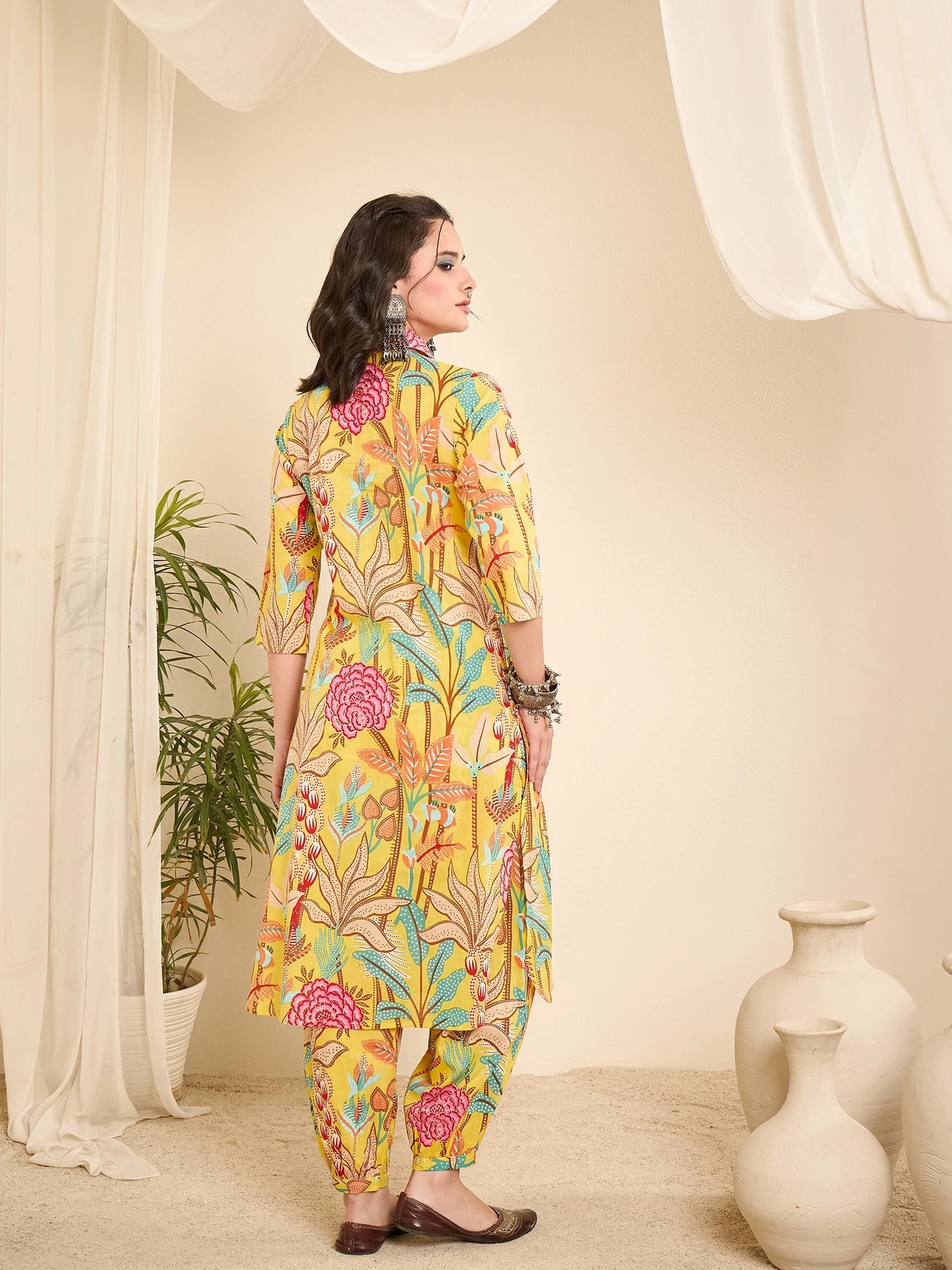 yellow-printed-collared-pathani-kurta-set