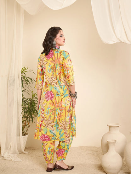 yellow-printed-collared-pathani-kurta-set