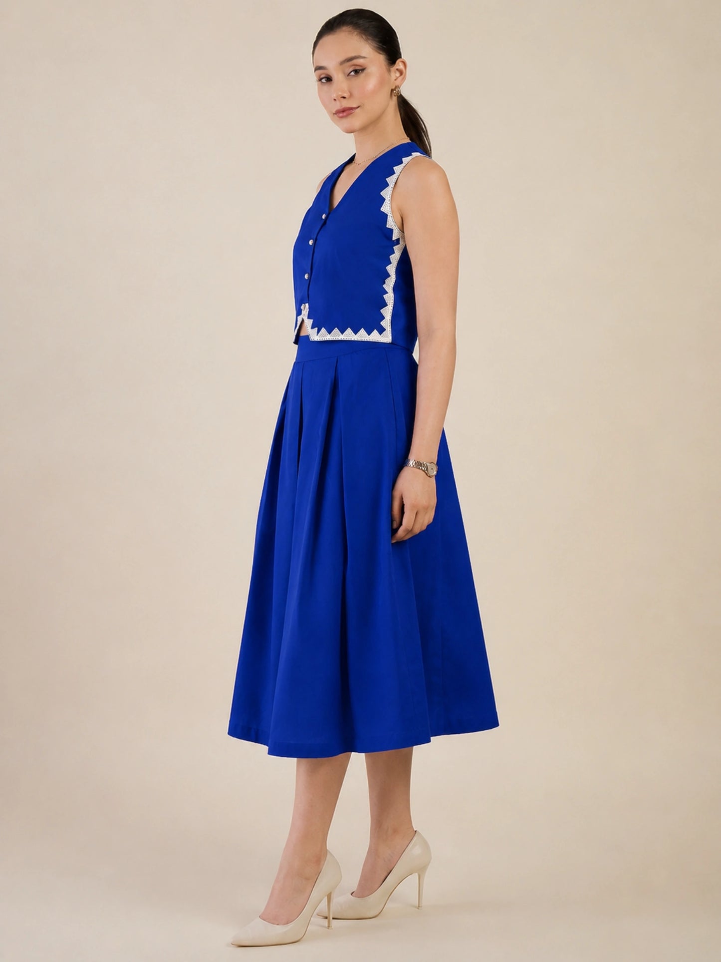 Women Blue Sleeveless Top & Midi Skirt Co-ord Set