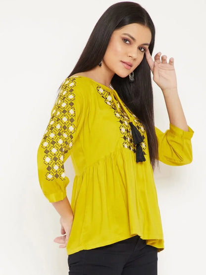 winered-yellow-embroidered-rayon-regular-top