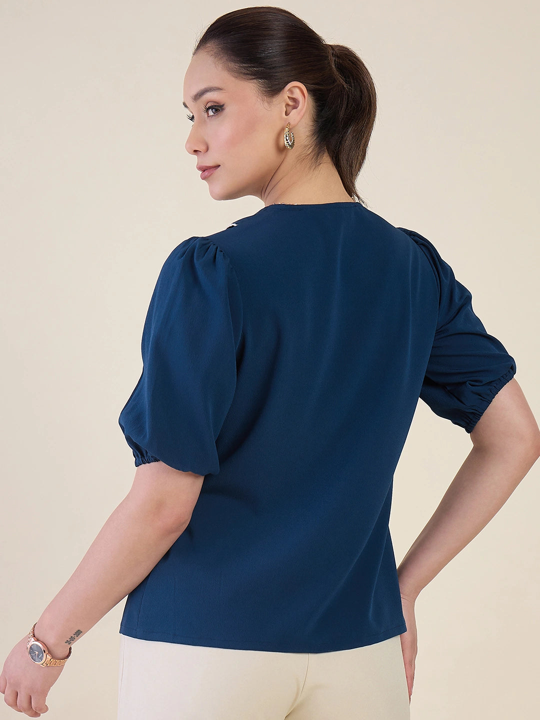 Women Blue Embriodered Collar Puff Sleeve Top